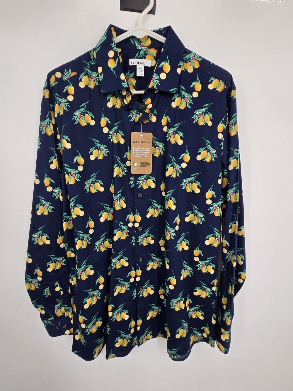 Bar III Navy Lemon Print Button Down Shirt Large 16/16.5 NWT (8548)